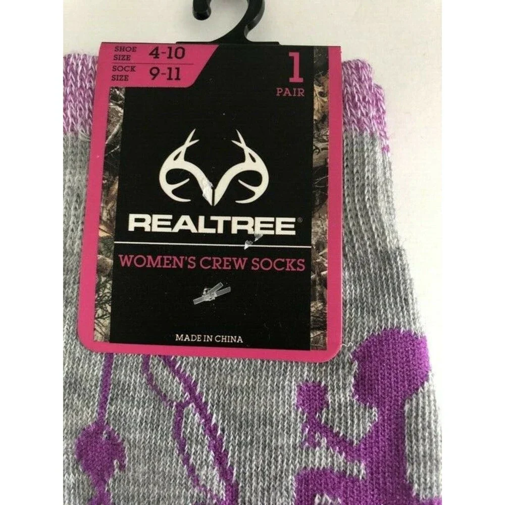 Realtree Womens Ladies Wine & Dine Crew Gray Purple Socks Size 9-11